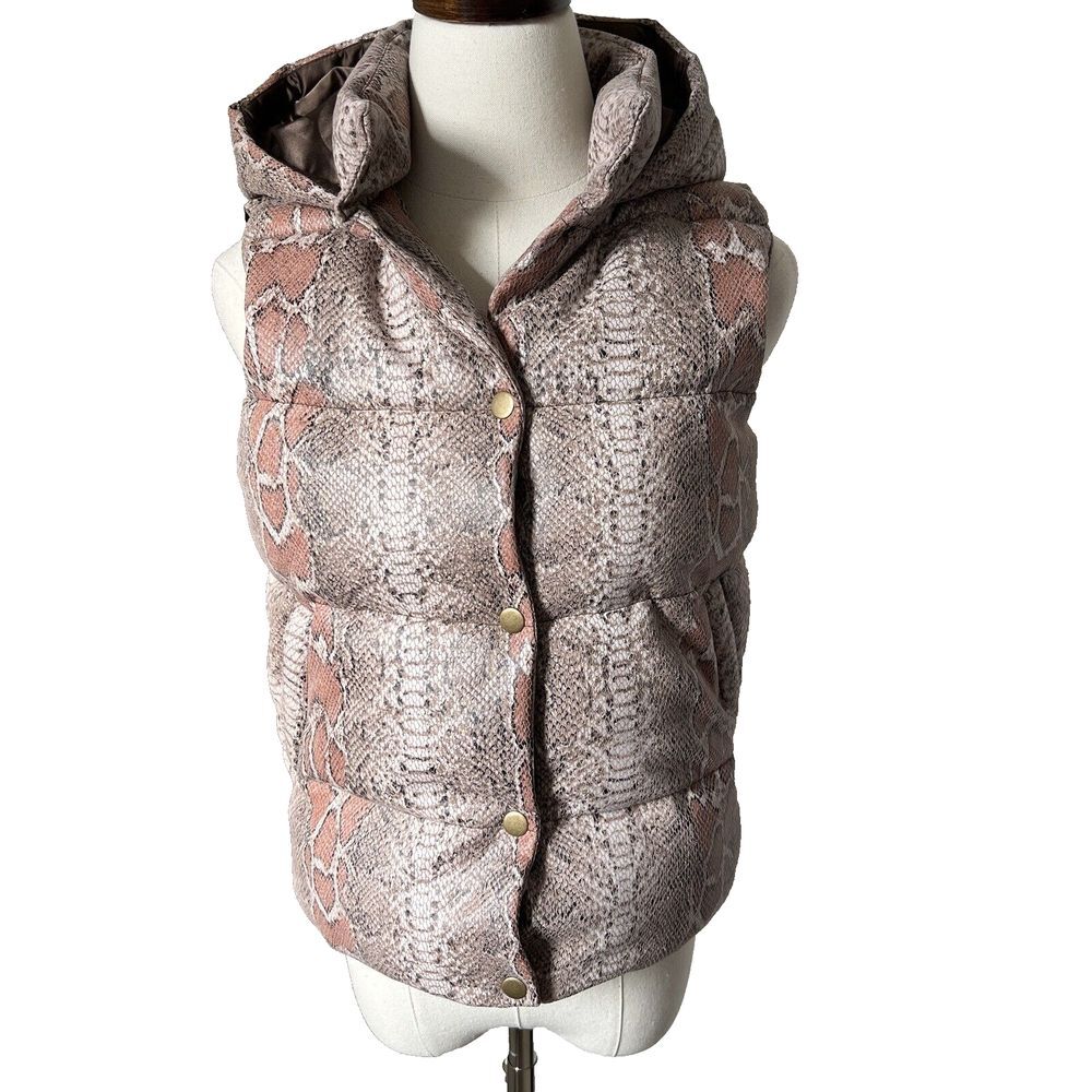Unreal Fur‎ Python Puffer Vest Snakeprint Pink Taupe Quilted Hooded XS NEW